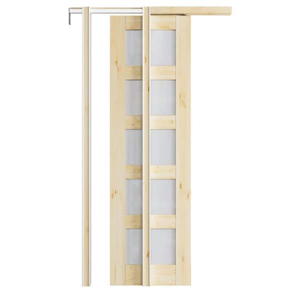 24 in. x 80 in. 5-Lite Frosted Glass Unfinished Solid Core Pine Wood Pocket Sliding Door with Hardware and Soft Close