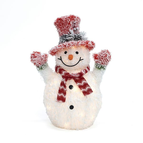 26 in. Lighted White Tinsel Frosted Snowman with Red Top Hat, Outdoor Christmas Decoration