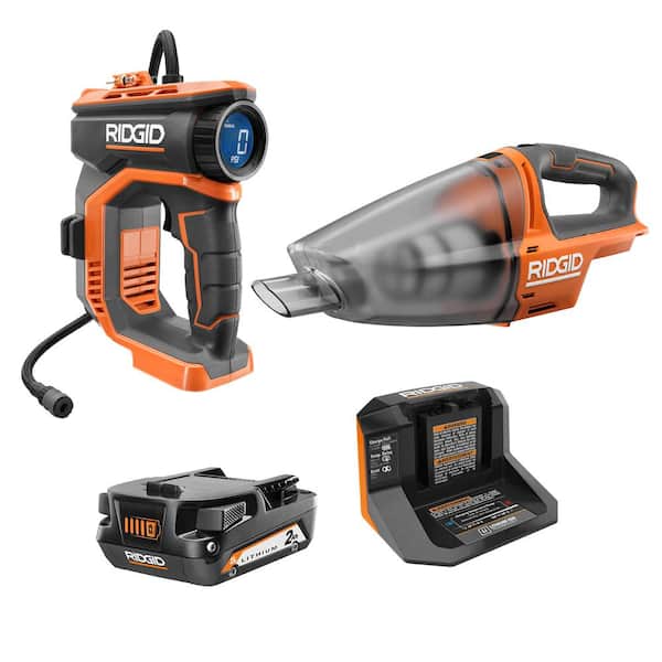 RIDGID 18V Cordless Digital Inflator Kit with Cordless Hand Held Vacuum, 2.0 Ah Battery, and Charger