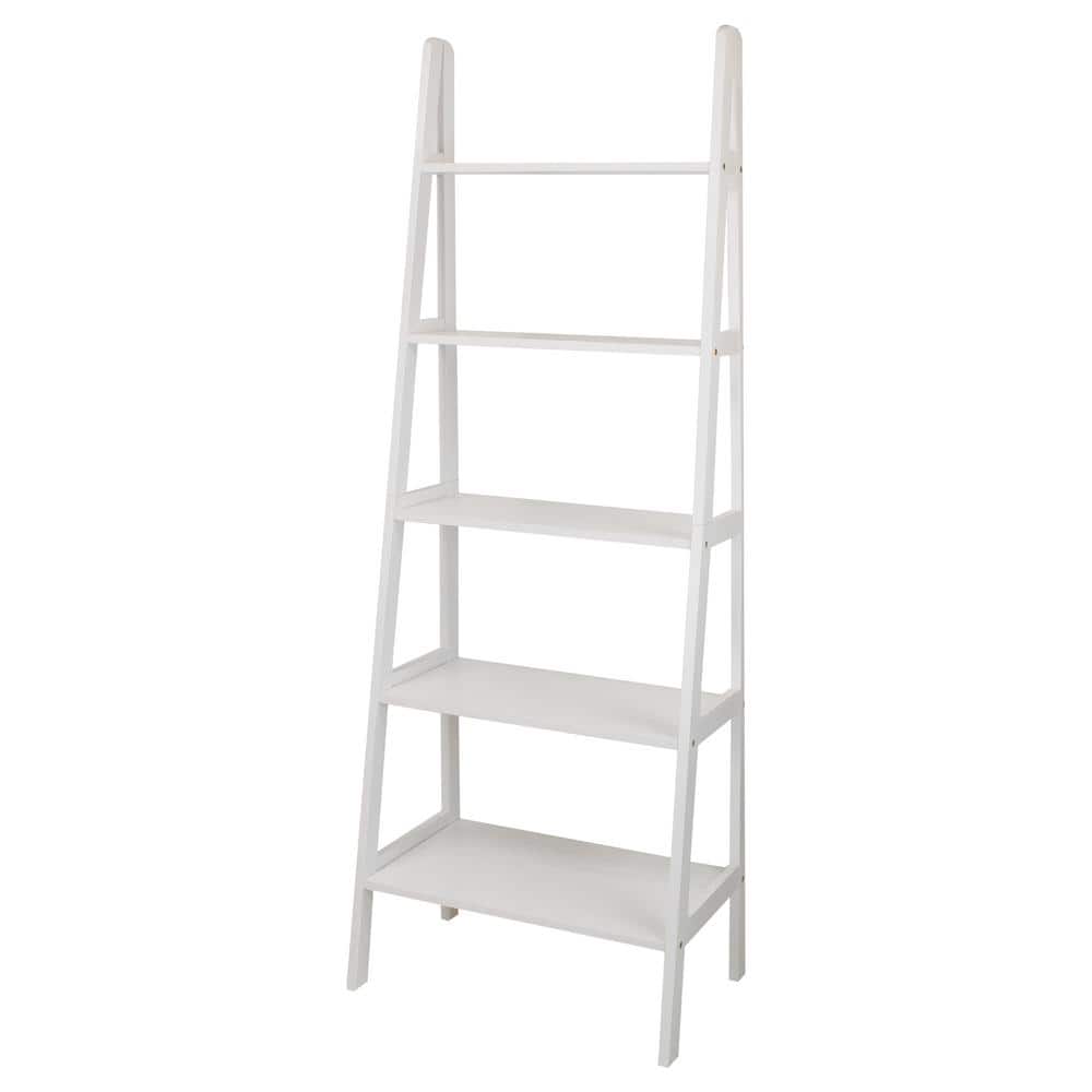 White Wood 5 Shelf Ladder Bookcase, 90 Inch White Bookcase