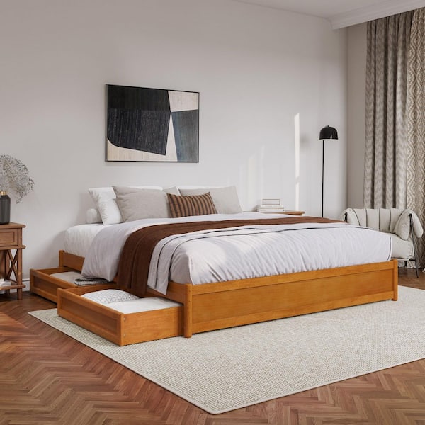 Barcelona Light Toffee Natural Bronze Solid Wood Frame King Panel Platform Bed with Storage Drawers