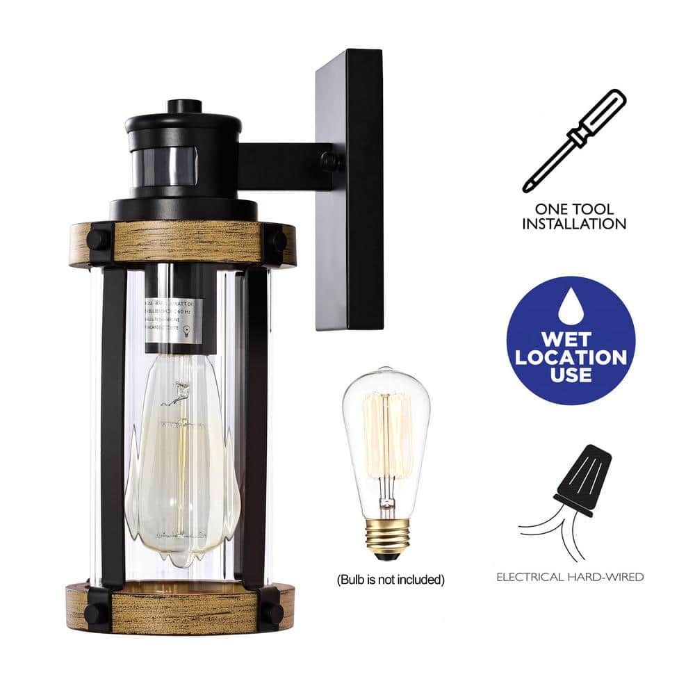 Farmhouse Charm Black & Woodgrain Outdoor Wall Sconce with Motion Sensor