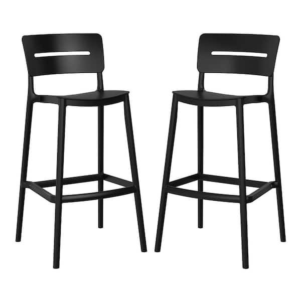 Frond and Form Modern Outdoor Patio Poly Plastic Stackable 29.5 in. Bar Stool (Set of 2), Black