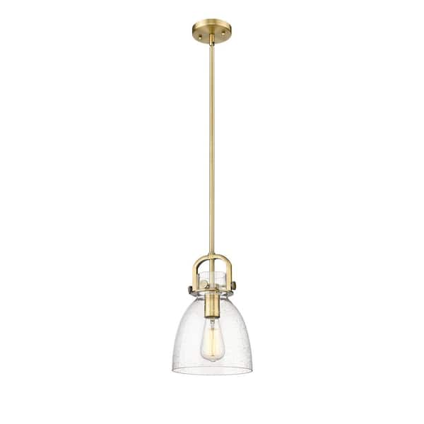 Newton Bell 100-Watt 1 Light Brushed Brass Shaded Pendant Light with Seeded glass Seeded Glass Shade