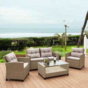 Versailles Light Brown Grey Multi-Color 4-Piece Wicker Patio Conversation Seating Set with Light Brown Cushions