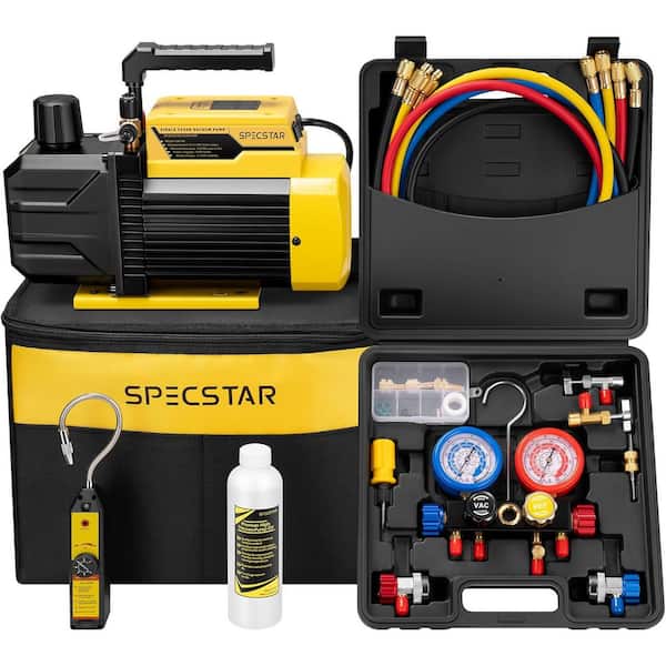 110-Volt 1/3 HP 4.5 CFM 1-Stage HVAC Vacuum Pump and 4-Way AC Manifold Gauge Set Kit with Leak Detector