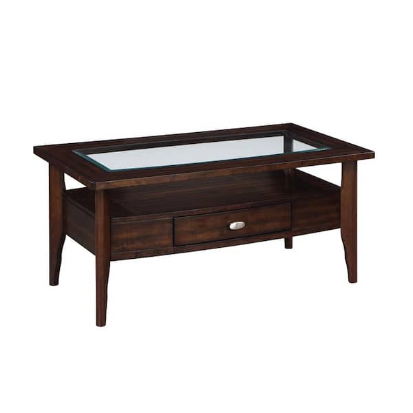 Furniture of America Hosea 44 in. Dark Walnut Rectangle Glass Coffee Table with 1-Drawer