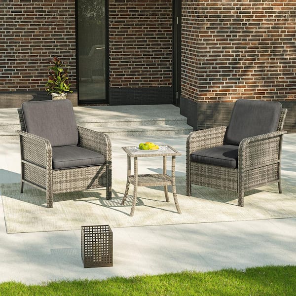 3 Pieces Outdoor Armchair Patio Conversation with Side Table Set Gray Wicker with Black Cushion