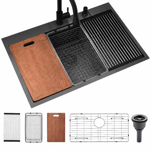 33 in. Drop-In Single Bowl 16 Gauge Matte Black Nano PVD Workstation Stainless Steel Kitchen Sink with Accessories