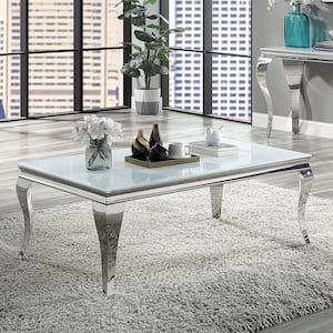 Mosgood 51 in. White and Silver Rectangle Glass Coffee Table