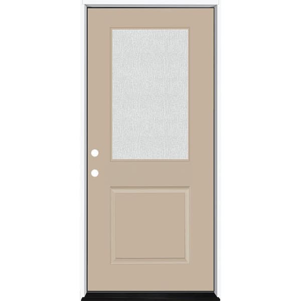 Steves & Sons Legacy 36 in. x 80 in. 1/2 Lite Rain Glass RHIS Primed Sandstone Finish Fiberglass Prehung Front Door