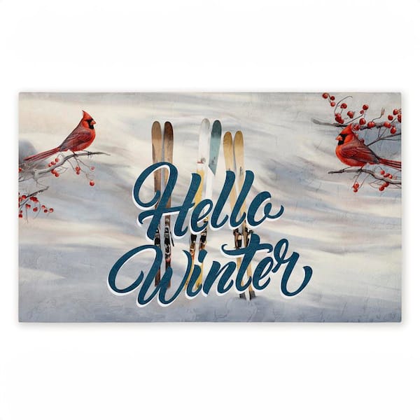 Hello Winter Cardinals and Skis White 18 in. x 30 in. Polyester Non-Slip Outdoor Door Mat