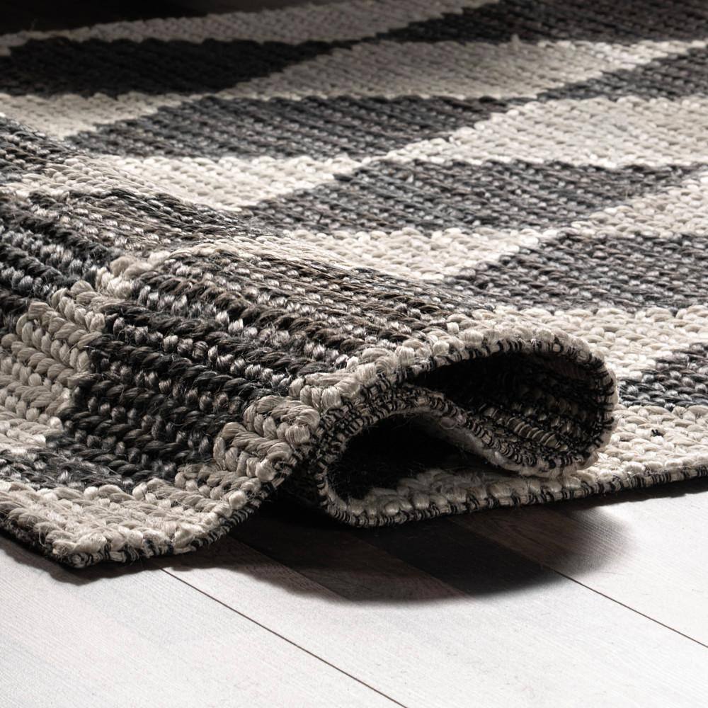 Charcoal and White Diamond Striped Cotton Area Rug, 8' x 10'