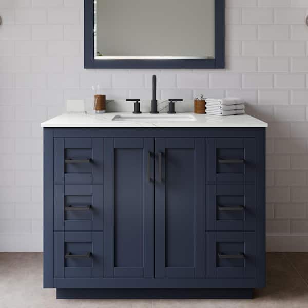 Wyndham Collection Miranda 42 in. W x 22 in. D x 33.75 in. H Single Bath Vanity in Dark Blue with Giotto Quartz Top and 34 in. Mirror