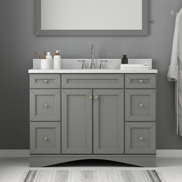 VANITYFUS Solid Wood 48 in. W x 22 in. D x 39.3 in. H Single Sink Bath Vanity in Modern Gray with Carrara White Natural Marble Top