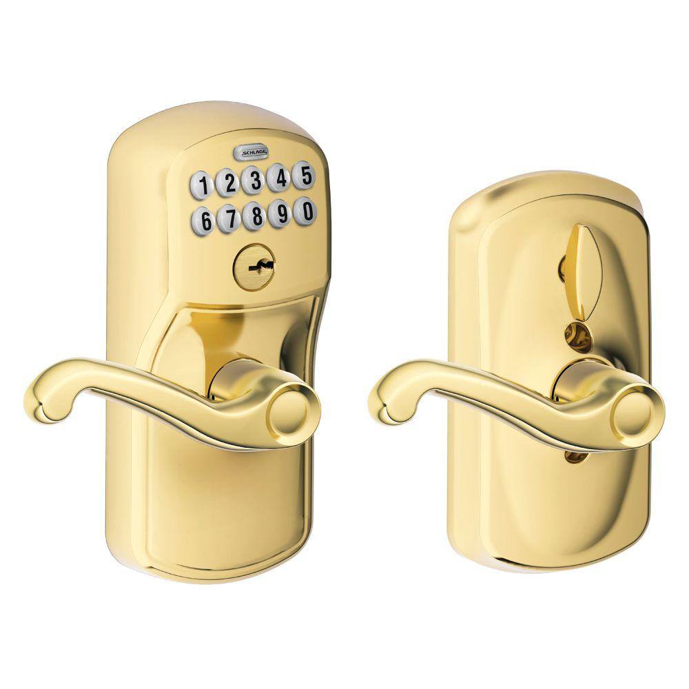Schlage Plymouth Bright Brass Electronic Door Lock with Flair Door Schlage Plymouth Bright Brass Electronic Door Lock with Flair Door