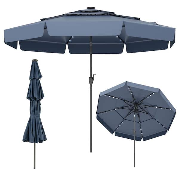 10 ft. Steel Market Solar Patio Umbrella with 3-Tier Vented Top and 32 LED Lights in Navy Blue