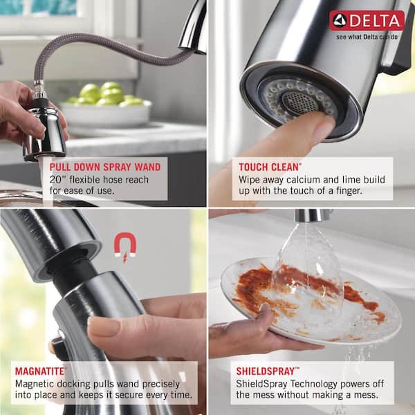 DeLuca Single-Handle Pull-Down Sprayer Kitchen Faucet with ShieldSpray Technology and Soap Dispenser in Stainless