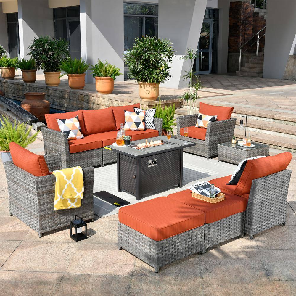 Rosemonde Gray 10-Piece Wicker Outerdoor Patio Rectangular Fire Pit Set with Orange Red Cushions price history on PriceWatchPro