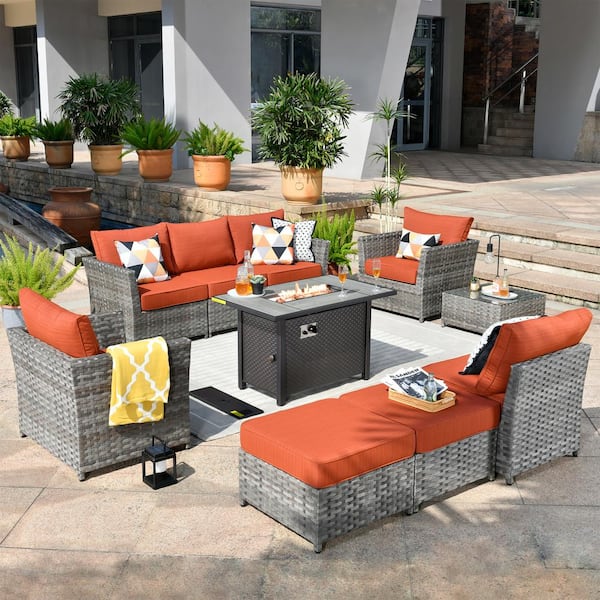 weaxty W Rosemonde Gray 10-Piece Wicker Outerdoor Patio Rectangular Fire Pit Set with Orange Red Cushions