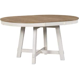 16 in. Oak Natural Wood and Antique White Round Extendable Dining Table with Leaf Wood Kitchen Table