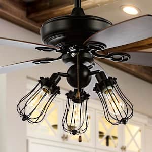 Lucas 52 in. Black Caged 3-Light Metal/Wood LED Ceiling Fan With Light