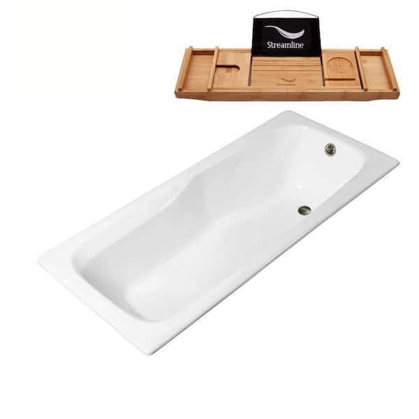 Streamline 71 in. Cast Iron Rectangular Drop-in Bathtub in Glossy White with Brushed Nickel External Drain and Tray