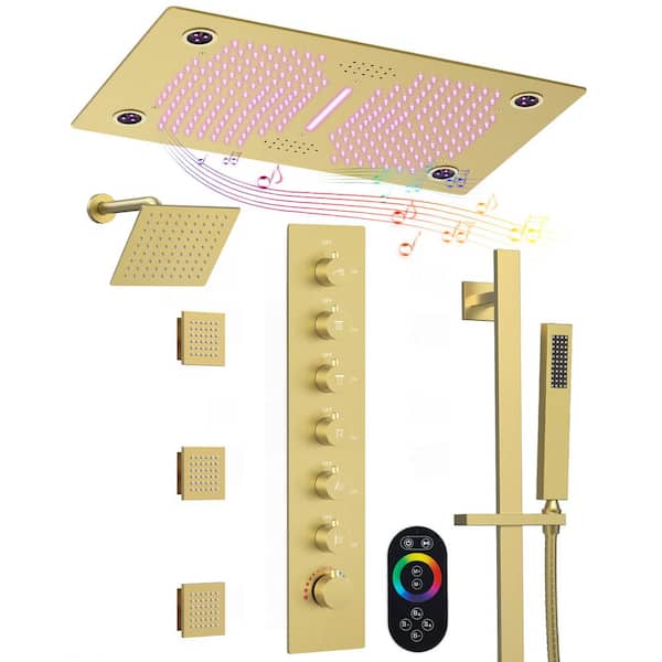 YAWWALK 6-Spray 28x16 in. Ceiling Mount LED Mood Lighting Music Dual Shower Head and Handheld Shower Head in Brushed Gold