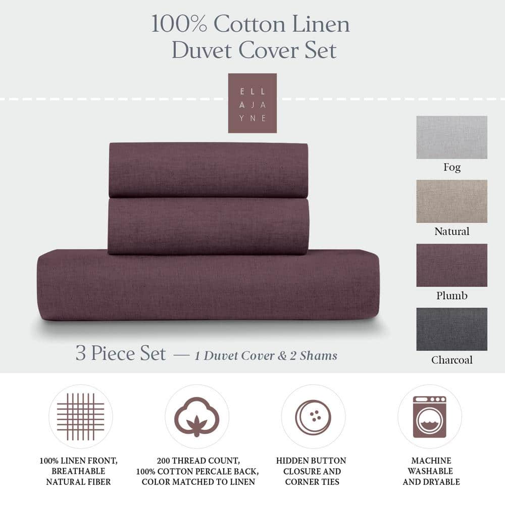 Plum Linen Cotton King/Cal King 3-piece Duvet Cover Set