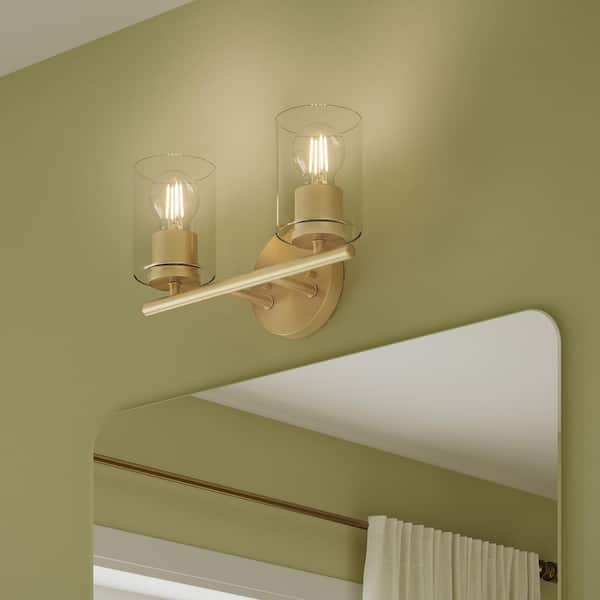 Replay 13 in. 2-Light Brushed Gold Vanity Light with Clear Glass Shades