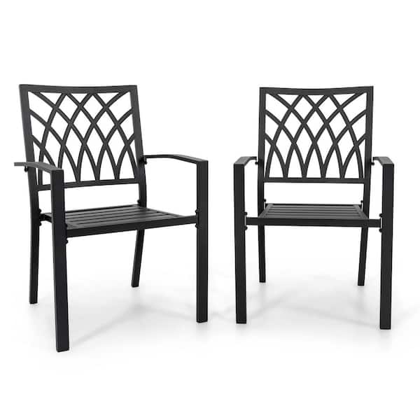 Black Iron Stackable Outdoor Patio Chairs with Powder-Coated Finish and Lattice Pattern (2-Pack)