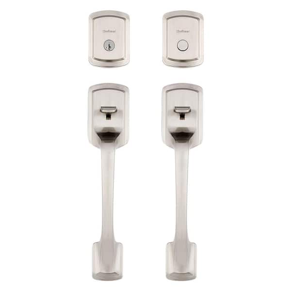 Prague Satin Nickel Keyed Entry Door Handleset and Dummy Door Handleset for Front Exterior Double Doors