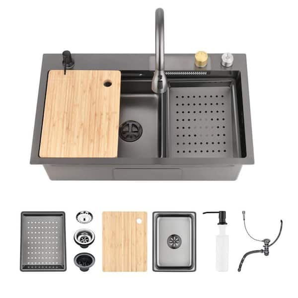 29.5 in. Drop-In Single Bowl Black Stainless Steel Workstation Kitchen Sink with Faucet and Accessories