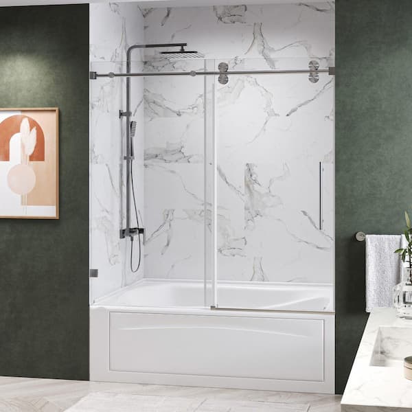 KWRAD 60 in. W x 66 in. H Single Sliding Frameless Tub Door in Brushed Nickel with 3/8 in. Clear Glass