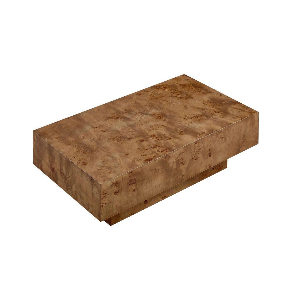 Rectangular walnut brown burl wood veneer coffee table with a pedestal base.