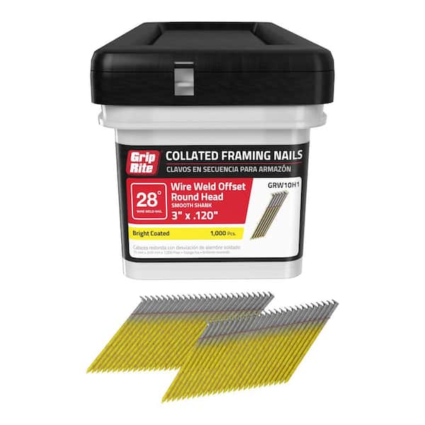 Grip-Rite 3 in. x 0.120 in. 28° Wire Collated Bright Coated Offset Round Head Smooth Shank Framing Nails 1000 per Box