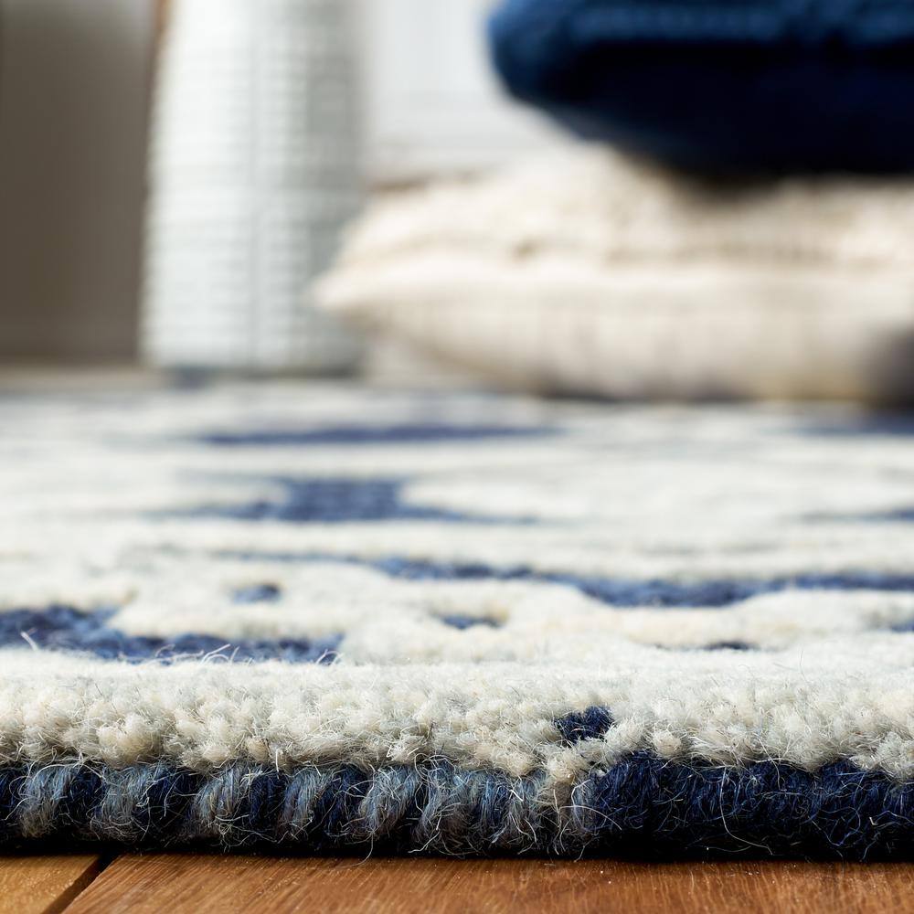 Ivory and Navy Tufted Wool Abstract Square Rug