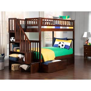 Woodland Walnut Twin Over Twin Staircase Bunk Bed with 2-Urban Bed Drawers