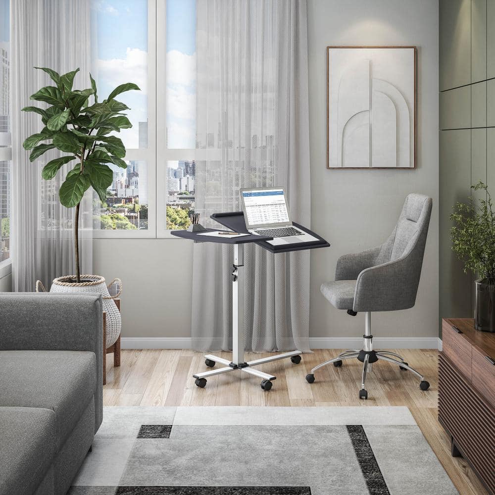 Graphite Adjustable Height Rolling Laptop Cart with Wood Top