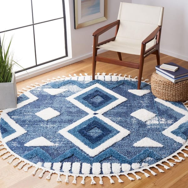 Moroccan Tassel Shag 7 ft. x 7 ft. Blue/Ivory High-Low Zig-Zag Diamond Round Area Rug