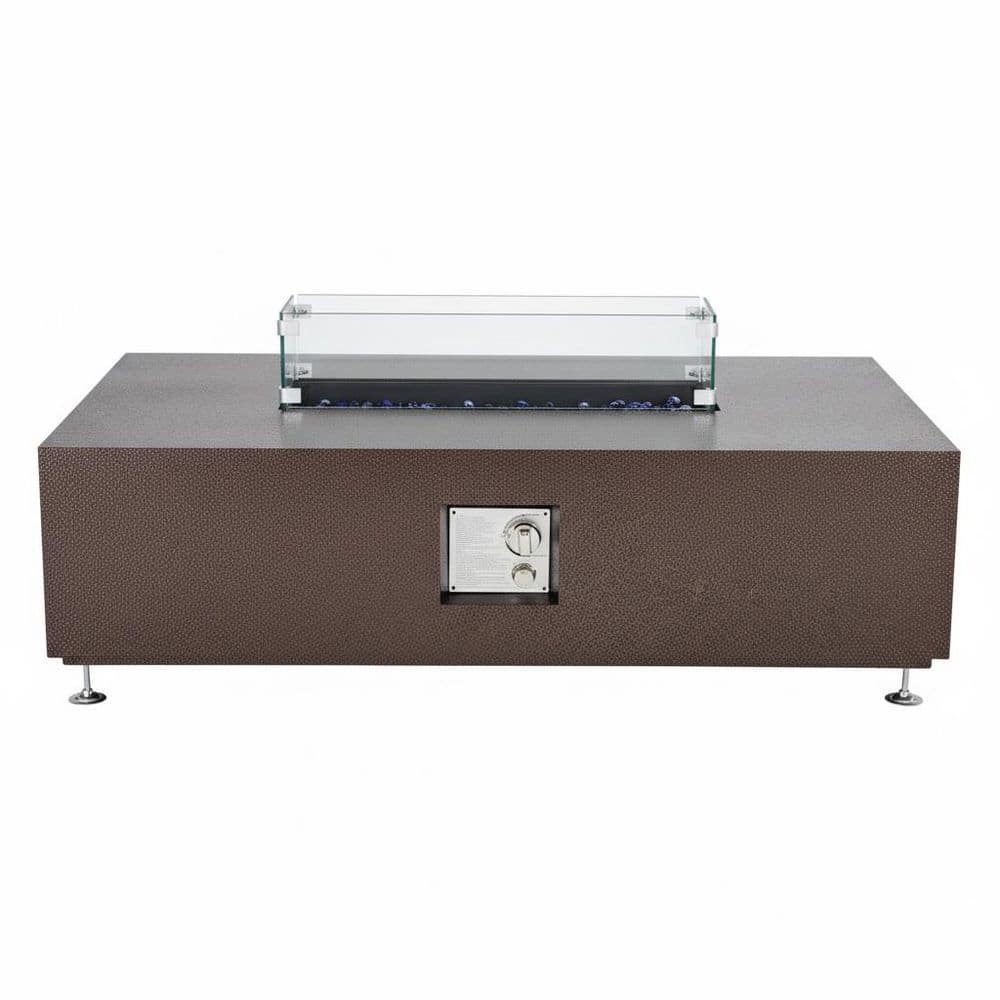 48 in. 50000 BTU Bronze Outdoor Rectangular Propane Fire Pit Table with Glass Wind Guard, Glass Beads and Rain Cover