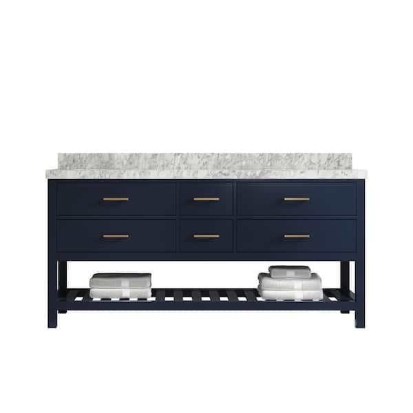 Willow Collections Parker 72 in. W x 22 in. D x 36 in. H Double Sink Bath Vanity in Navy Blue with 2 in. Carrara Marble Top