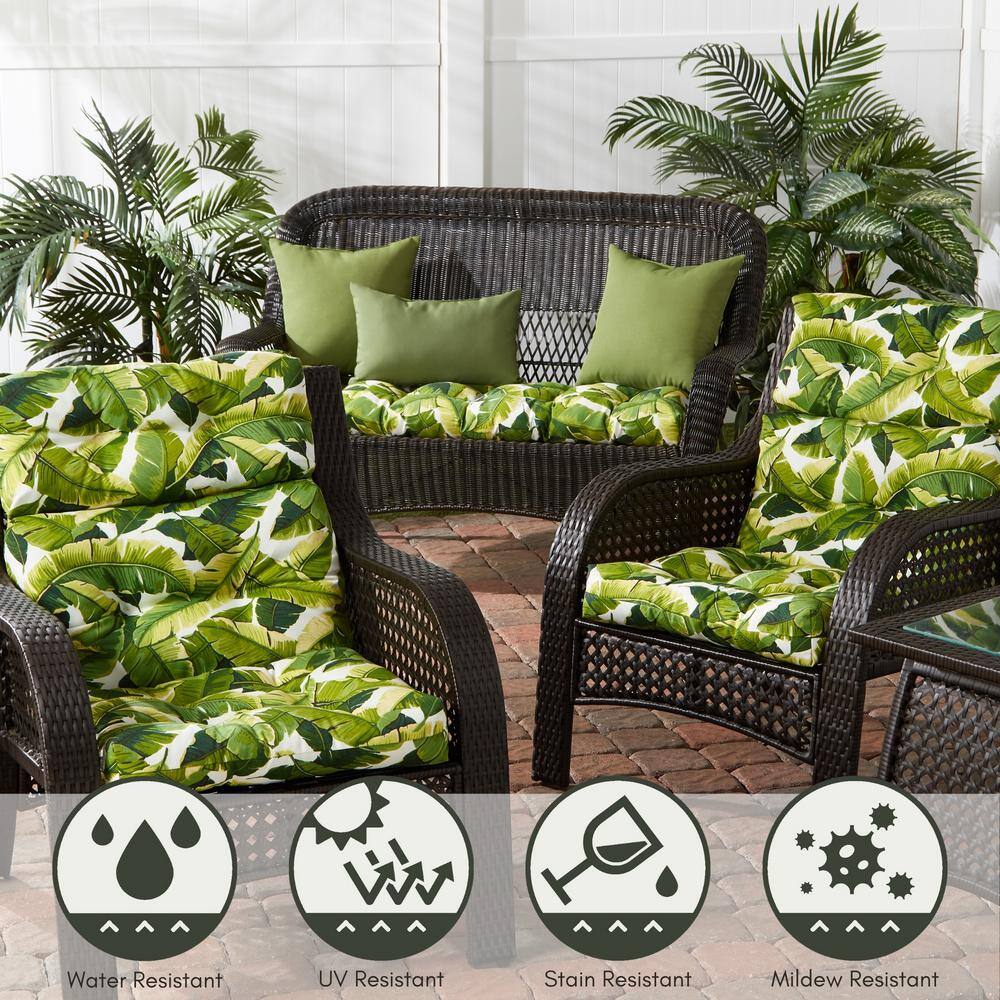 Palm Leaves Green and White High Back Outdoor Chair Cushions Set