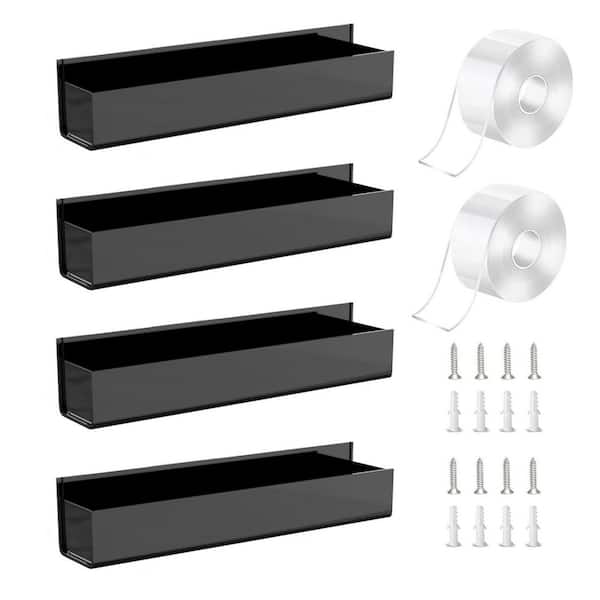 4-Pack Black Adhesive Acrylic Spice Rack with 2-Nano Double Sided Tape, Wall Mount Spice Shelf for Kitchen