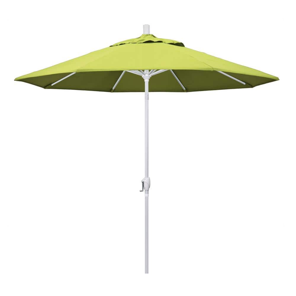 California Umbrella 9 ft. Matted White Aluminum Push Button Tilt Crank Lift Market Patio Umbrella in Parrot Sunbrella