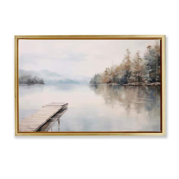 Stupell Industries Old Lake Dock View by Arlington Prints Gold Floater Frame Nature Graphic Art Print 21 in. x 31 in.