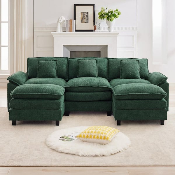 105.9 in. Chenille Fabric 5-Seat Sectional Sofa Couch with 2-Ottomans in Avocado Green