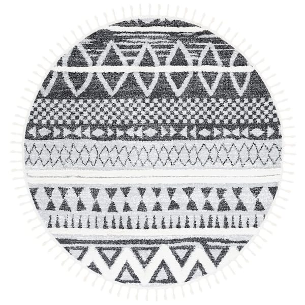 Moroccan Tassel Shag 7 ft. x 7 ft. Gray/Black Zig-Zag Diamond Striped Round Area Rug