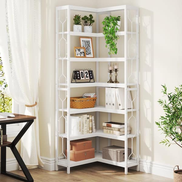 Frailey 79 in. Tall White Wood 7-Shelf Corner Etagere Bookcase
