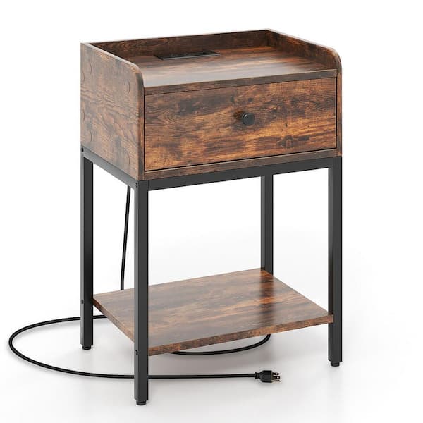 Gymax 1-Drawer Rustic Brown Nightstand Side End Table with Charging Station Drawer Open Shelf for Small Space